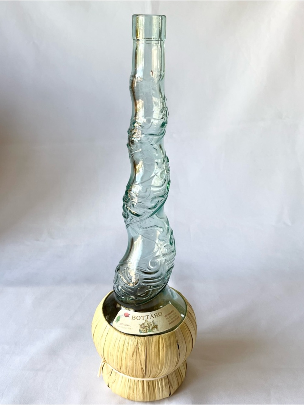 Vintage Empty Bottaro Clear Spiral Glass Wine Bottle Raffia Wrapped Italy